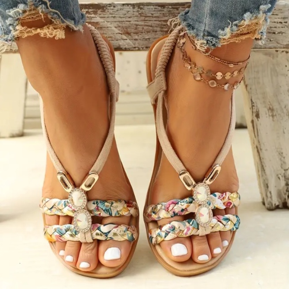 Floral Braided Flat Bling Sandals